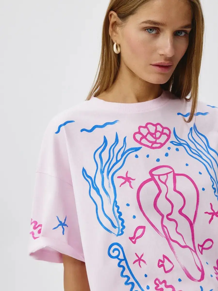 Sweet Pastel Pink Underwater Seashell Print Oversized Cotton T-Shirt | Abstract Marine Life Art Tee Coastal Summer Vacation Top