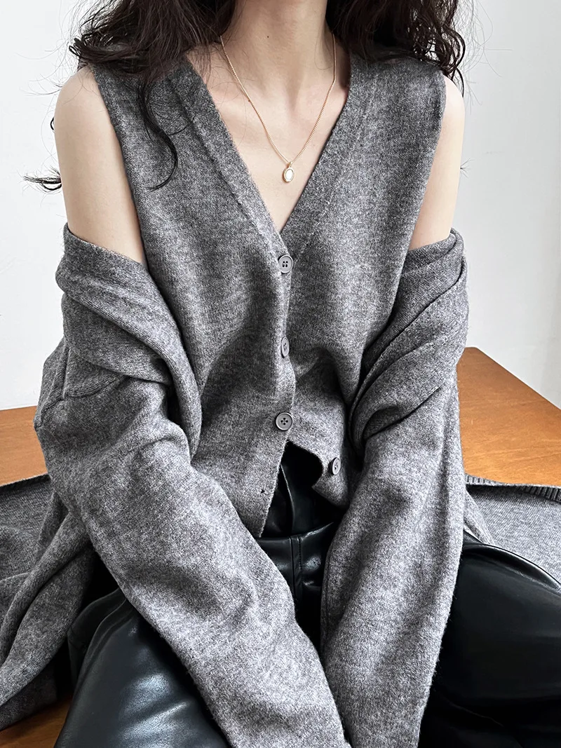 

Autumn Winter Knit Vest＆Long Cardigan 2 Piece Set Women's Office Lady Style Outfits for Chic Office Commute and Daily Casual