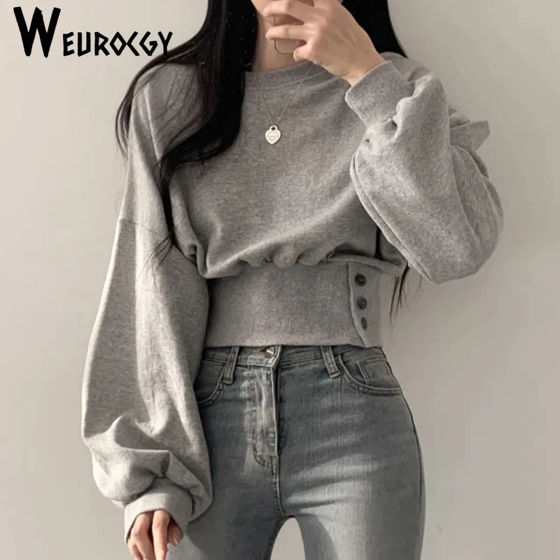 

Women Sweatshirts 2023 Autumn New Style Korean Edition Casual Fashion Versatile Round Collar Lantern Sleeve Buttons Harajuku