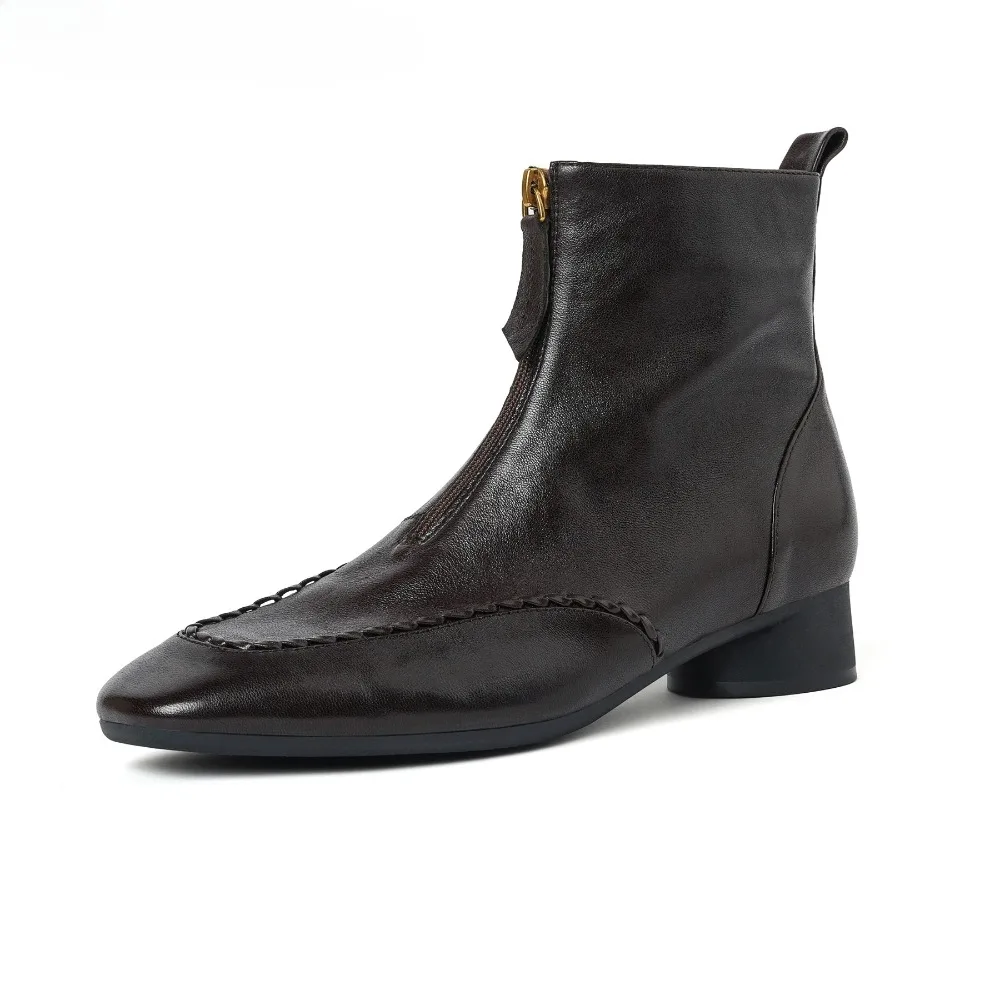 2026 New Cow Leather Square Toe Med Heels Motorcycle Chelsea Boots Retro Keep Warm Winter Shoes Brand Ruffles Ins Ankle Boots