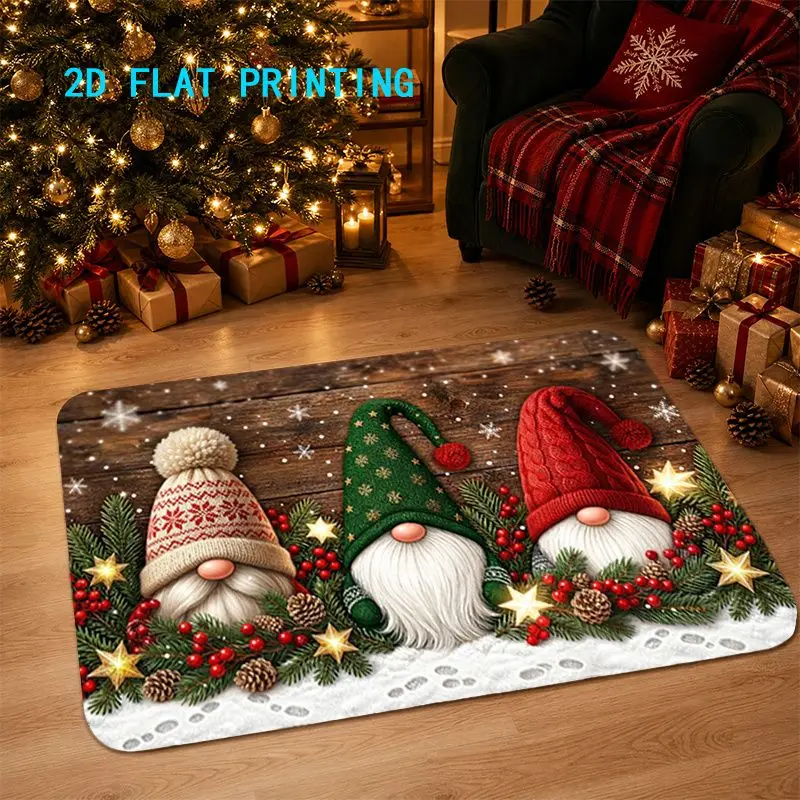VIKAMA Christmas Gnome Doormat Wood Grain for Entryway Front Door, Holiday Mat Red Green Non-Slip, Soft Washable Home Decoration