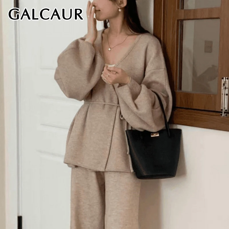 GALCAUR Solid Two Piece Sets For Women V Neck Lantern Sleeve Patchwork Lace Up Top High Waist Wide Leg Pants Casual Suits Female