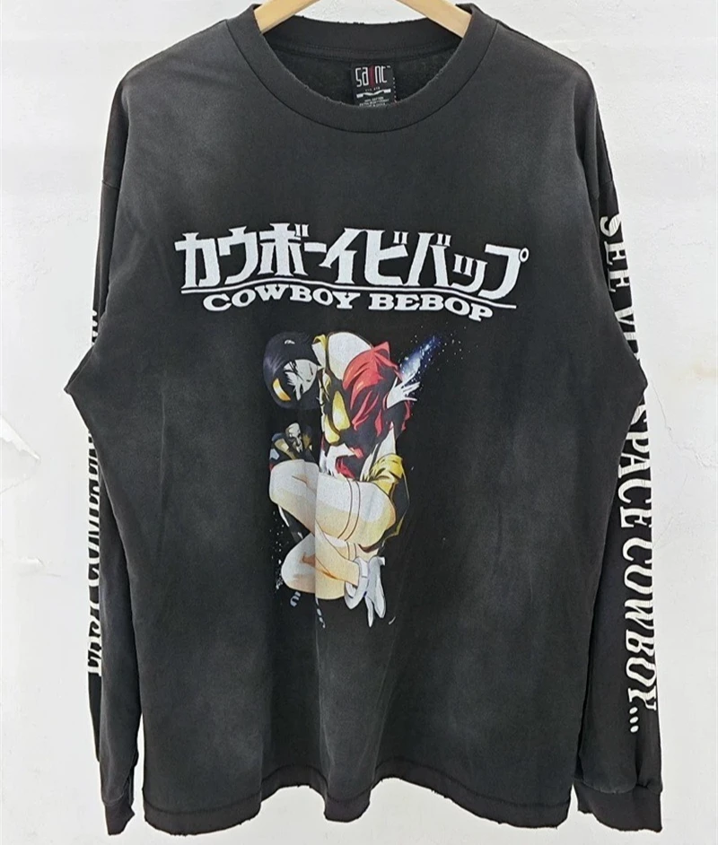

Japanese Cartoon Print Saint Michael Long Sleeved Shirt Men Women Washed Black T-Shirts