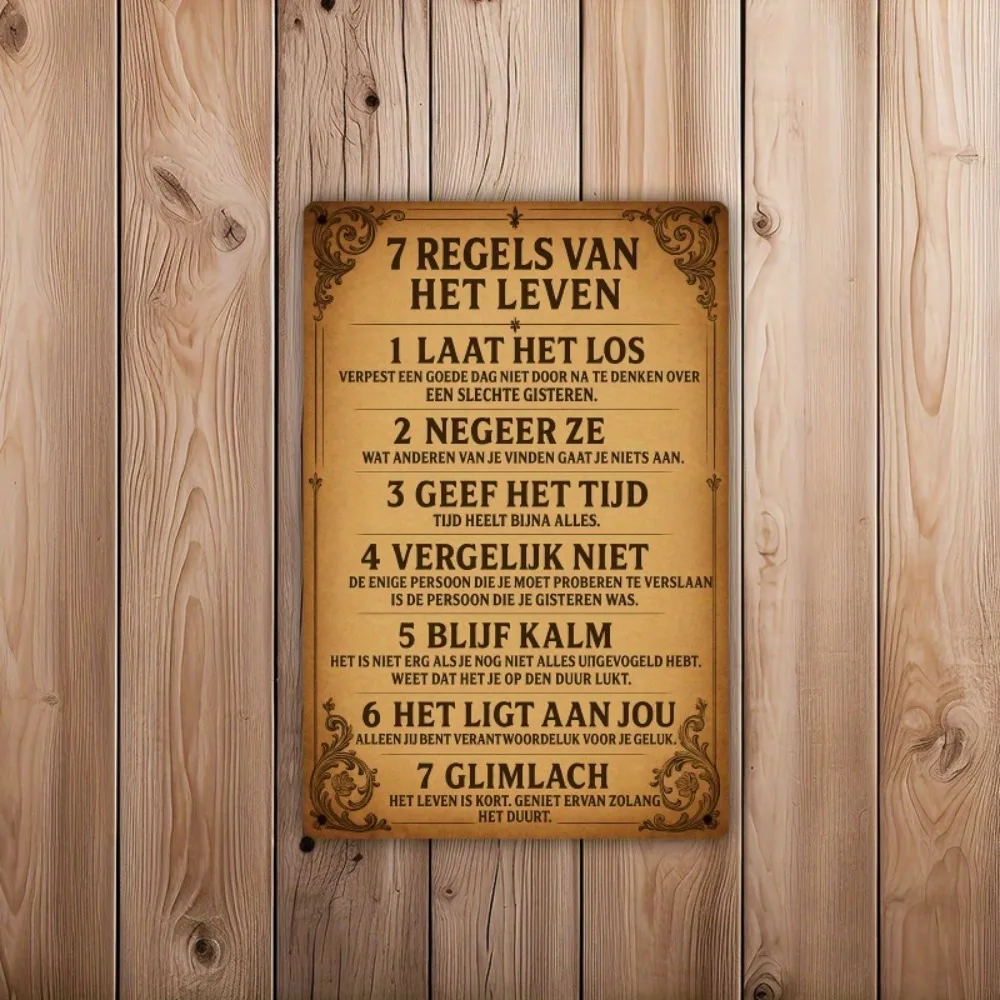 [مسطح [مسطح] لافتة حائط معدنية هولندية عتيقة "7 Regels Van Het Leven" - ديكور حديد ريفي مع قواعد ملهمة للعيش
