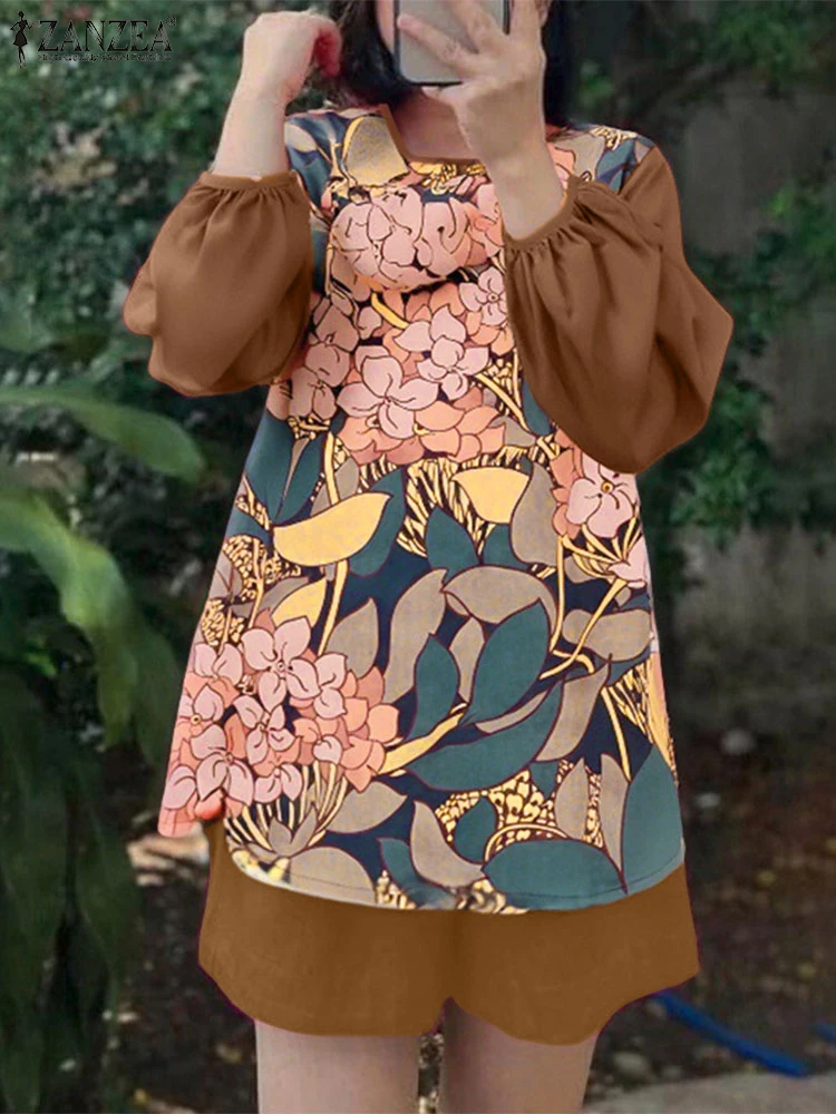

ZANZEA 2PCS Vintage Women Matching Sets Summer Long Sleeve Floral Print Blouses Shorts Suit Retro Holiday Outfit Loose Tracksuit