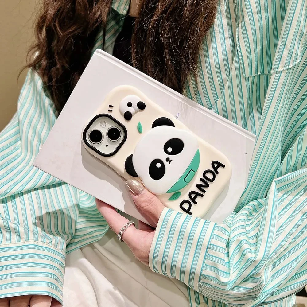 Mirror Stand Panda Stand Silicone Case For iPhone 15 14 13 12 11 Pro Max Cute Shockproof Soft Cover Skin