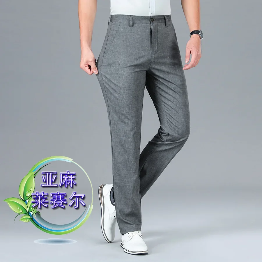 Summer Thin Soft Lyocell Breathable Linen Fabric Suit Pants Men Straight Business Elegant Long Formal Trouser Y2k Men Clothing