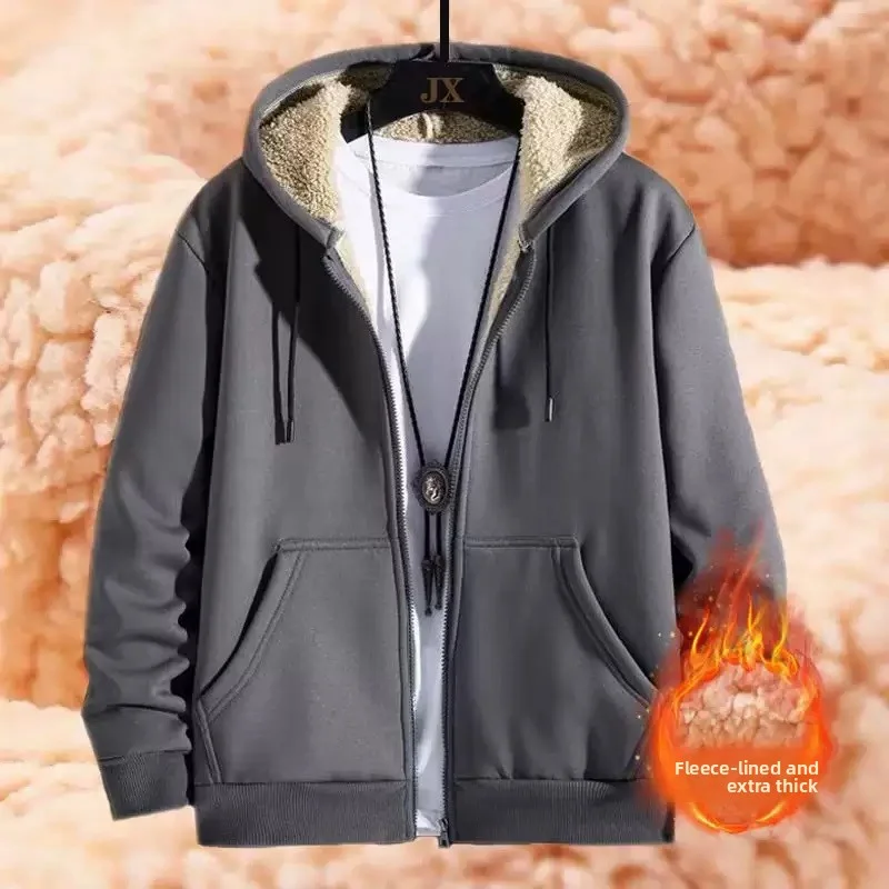 Herbst und Winter Sherpa-Jacke, schweres Samt, verdicktes Herren-Sweatshirt, einfarbige Oberteile, Teenager, Strickjacke mit Kapuze, Herren – Detail 3