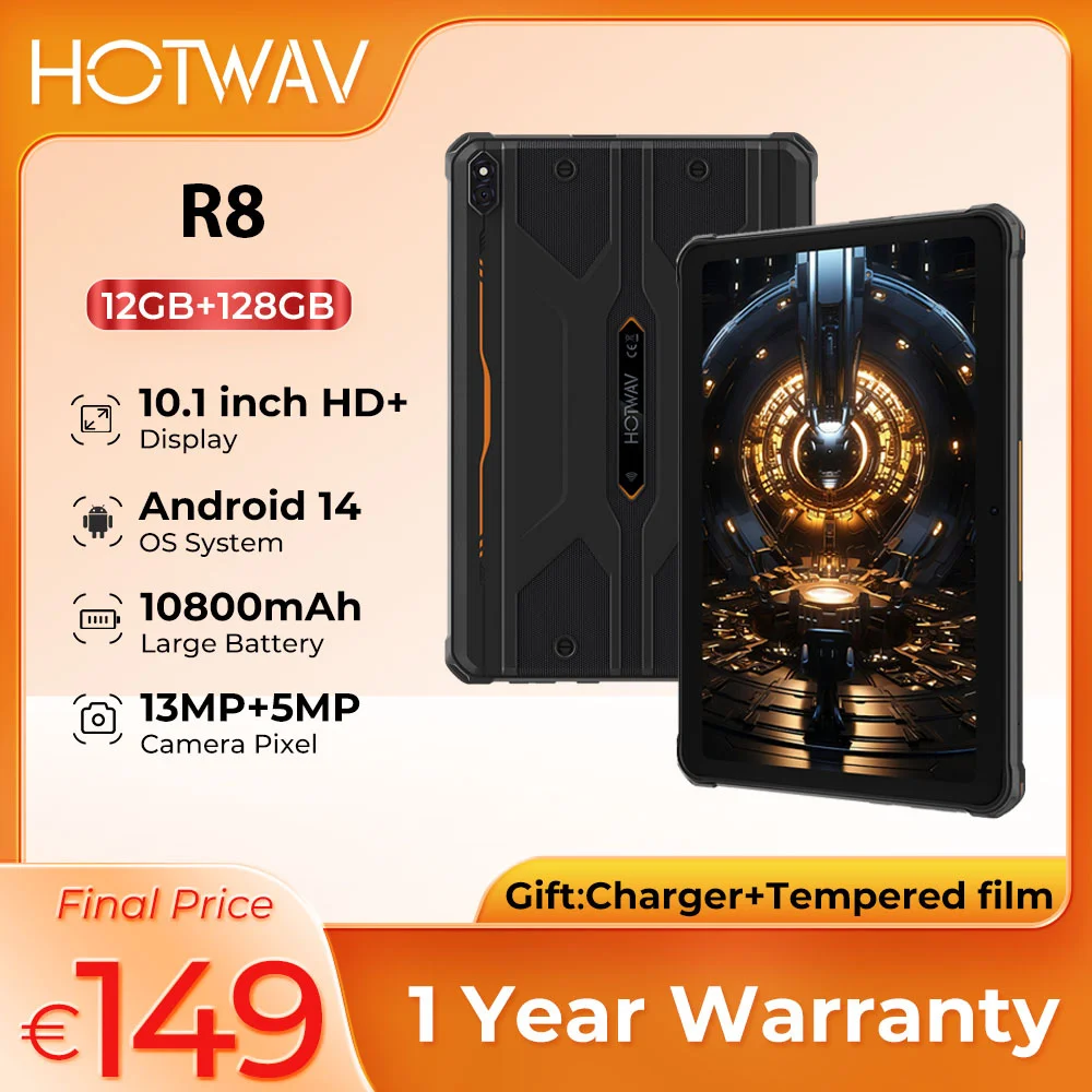 Globalny wytrzymały tablet HOTWAV R8 Android 14 10,1 cala HD + 10800 mAh ipad 5 MP + 13 MP aparat 12 (4 + 8) GB + 128 GB ładowanie OTG odwrotne tablety