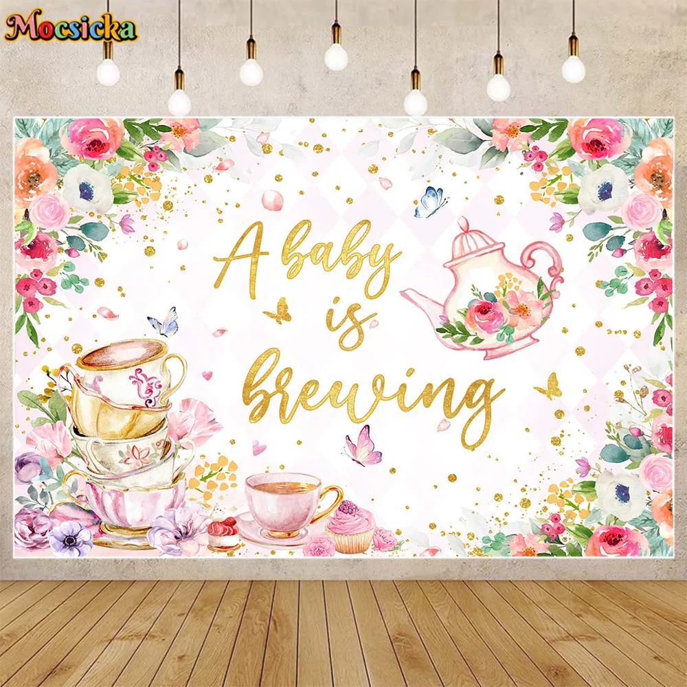 

Mocsicka A Baby Is Brewing Newborn Welcome Party Decor Girl Baby Shower Backdrop Cup Teapot Tea Party Photo Background Photocall