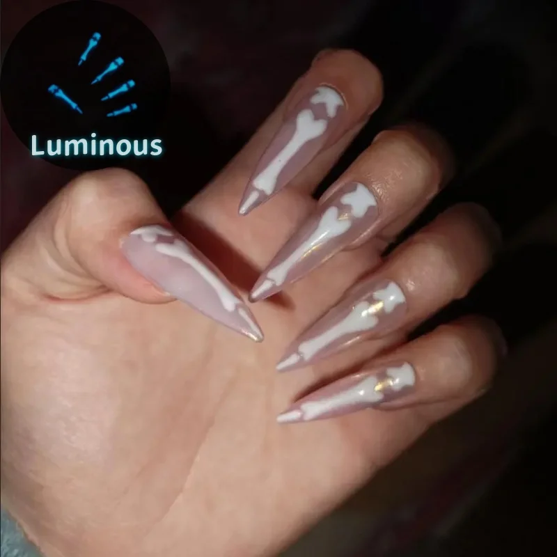 10Pcs Handmade Halloween Bones Press-On Nails Glossy Long Almond Shape Gothic Shiny Fake Nails for Women and Girls Festival Wear