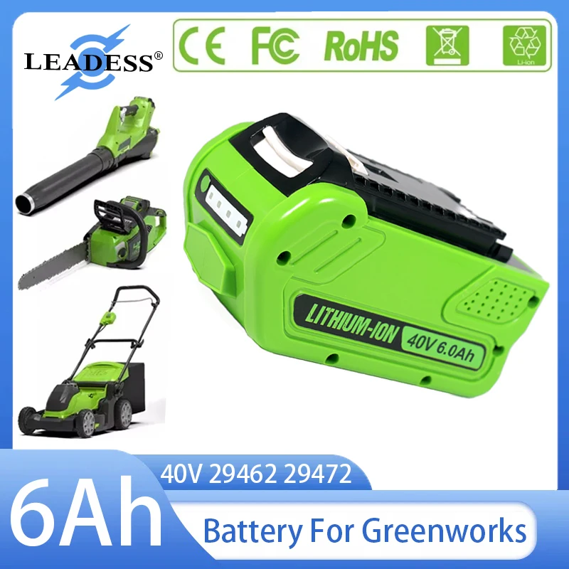 40V Lithium Battery For Greenworks 6Ah Rechargeable Battery For Greenworks Trimmer 29462 29472 G-MAX Lawn Mower Power Tools