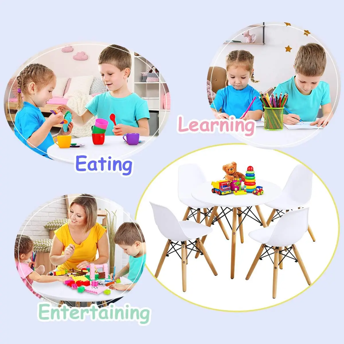 Kids Table and Chair Set, Kids Mid-Century Modern Style Table Set for Toddler Children, Kids Dining Table and Chair Set, 5-Piece