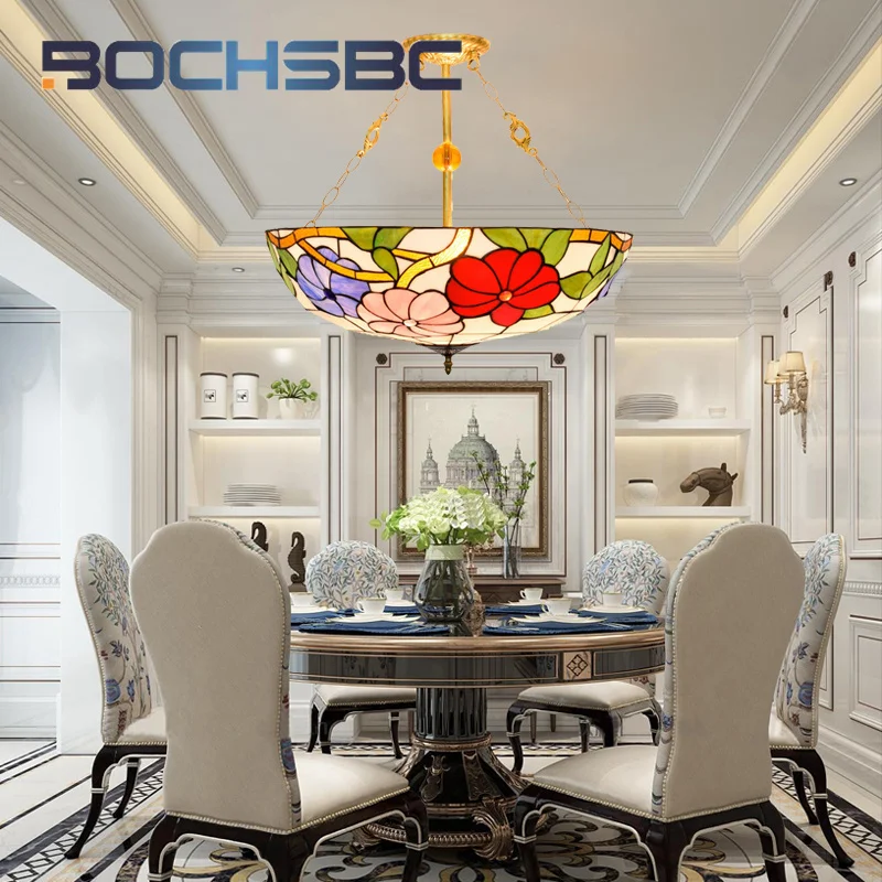 

BOCHSBC Tiffany Pastoral morning glory chandelier Red festive Art Deco bar Living Room Dining Room Study Bedroom Overhead light