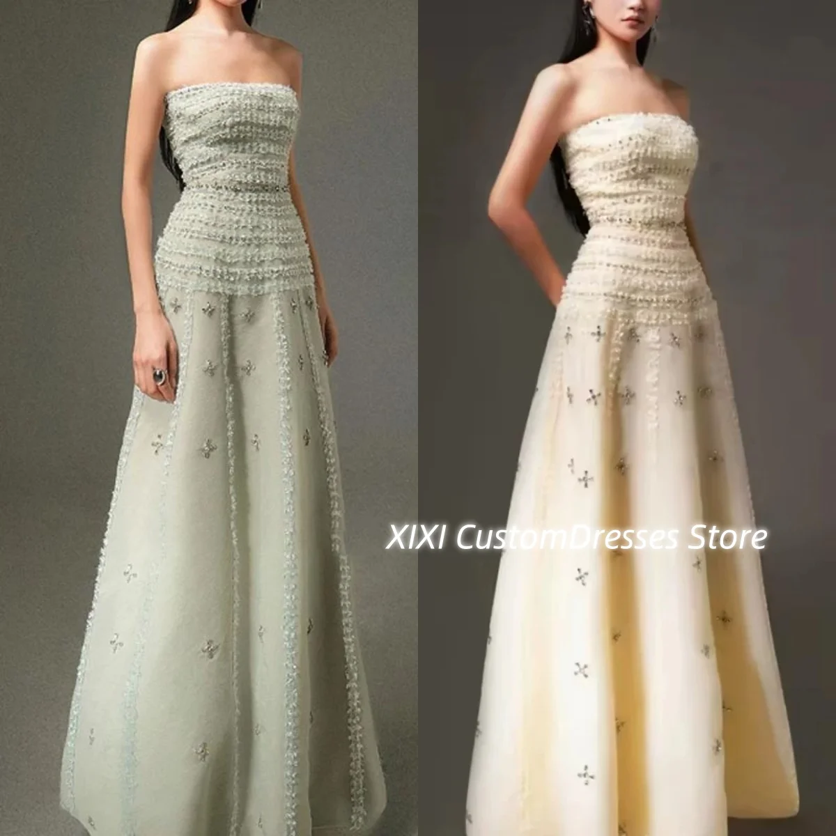 

Hunter Green Dresses For Prom A-Line Strapless Customize Floor-Length Luxury Evening Dresses Zipper Up Ruffle Sleeveless Formal