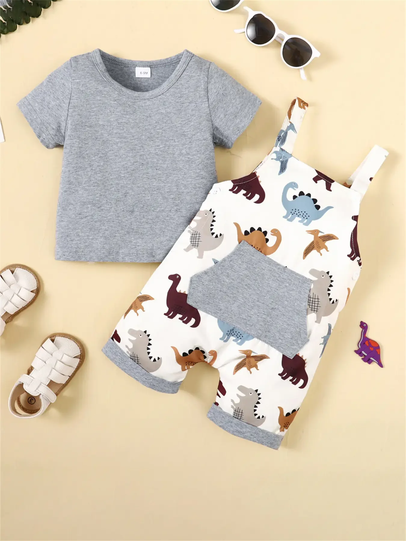 Summer Newborn Infant Baby Boys Short Sleeve T Shirt Dinosaur Print Jumpsuit With Straps 2pcs Baby Clothing