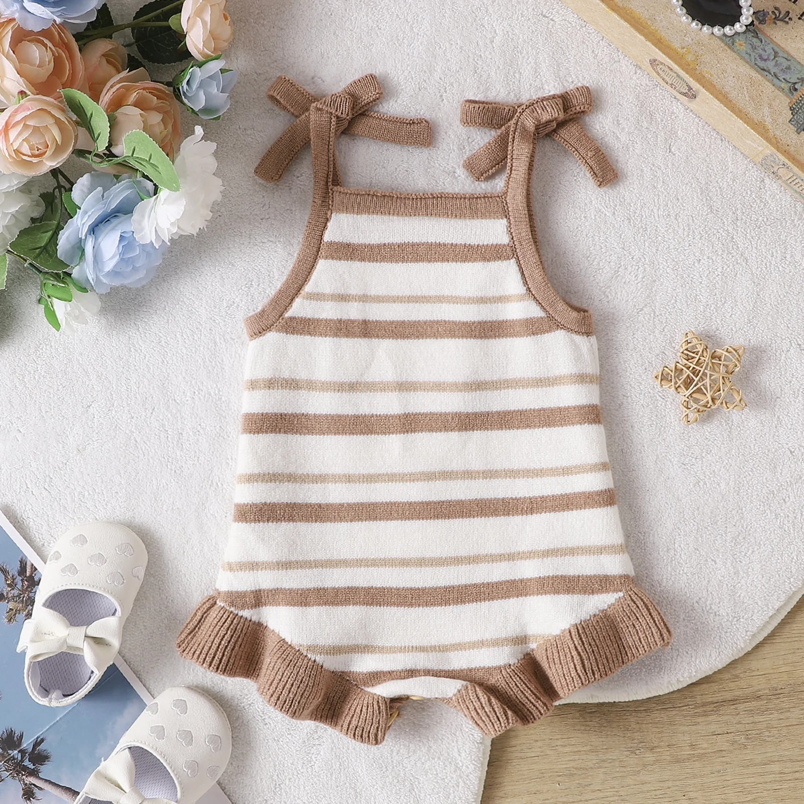 Autumn 0-2 Year Old Baby Girl Striped Camisole Vest Strap Sweater Romper Jumpsuit Climbing Suit