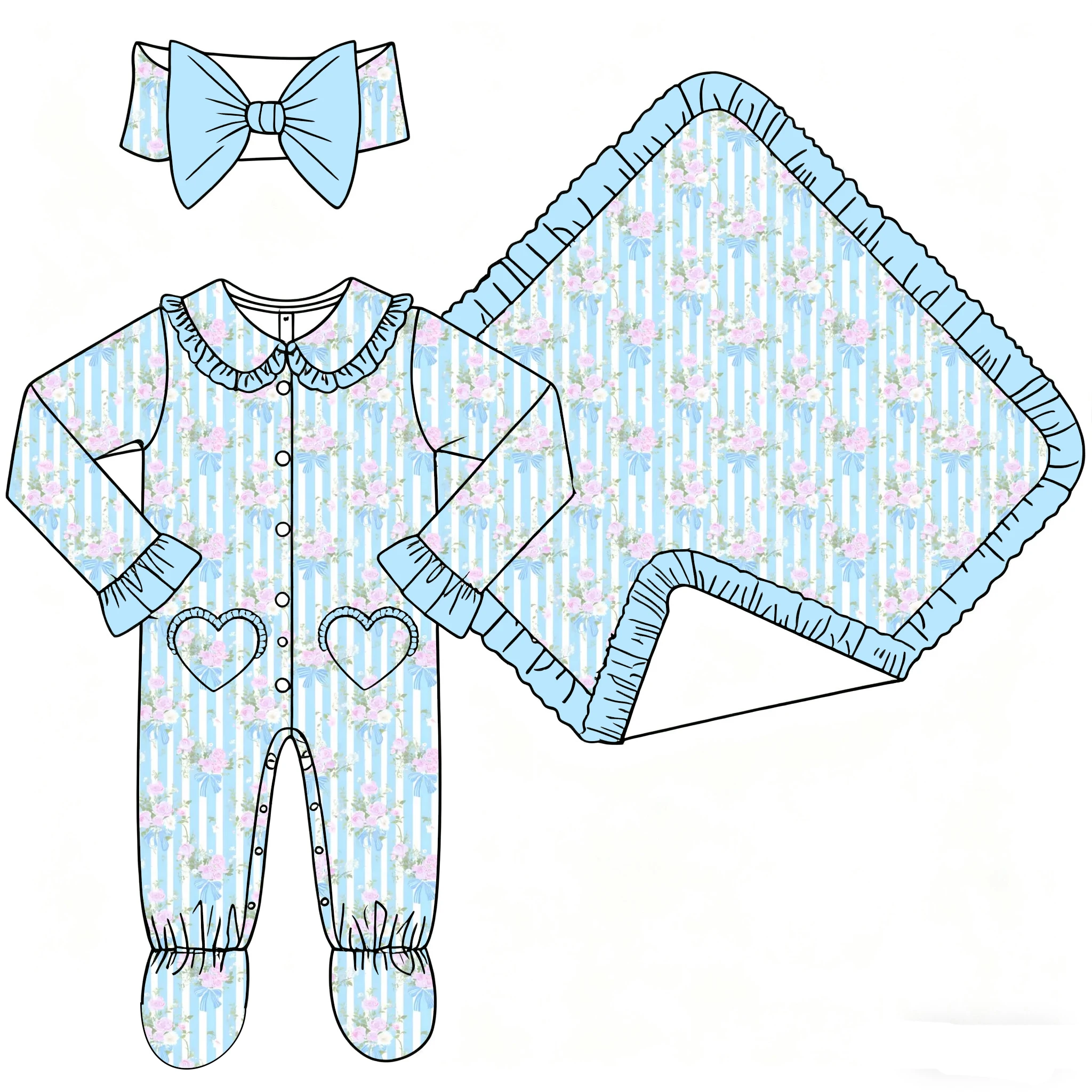 Boutique 3-piece Set Children's Clothing Baby Clothing Long-sleeved Ruffle Jumpsuit Ruffle Blanket Bow Headband for Girls Floral