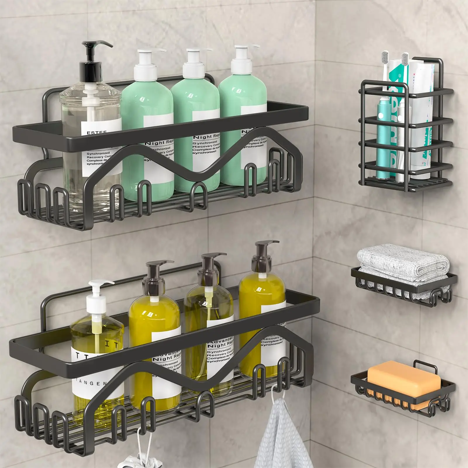 5 Pack Shower Caddy Shelf Organizer Rack - Self Adhesive Black Bathroom Shelves Basket - Farmhouse Style - For Bathroom Organization & Storage - Ideal for RVs, Apartments