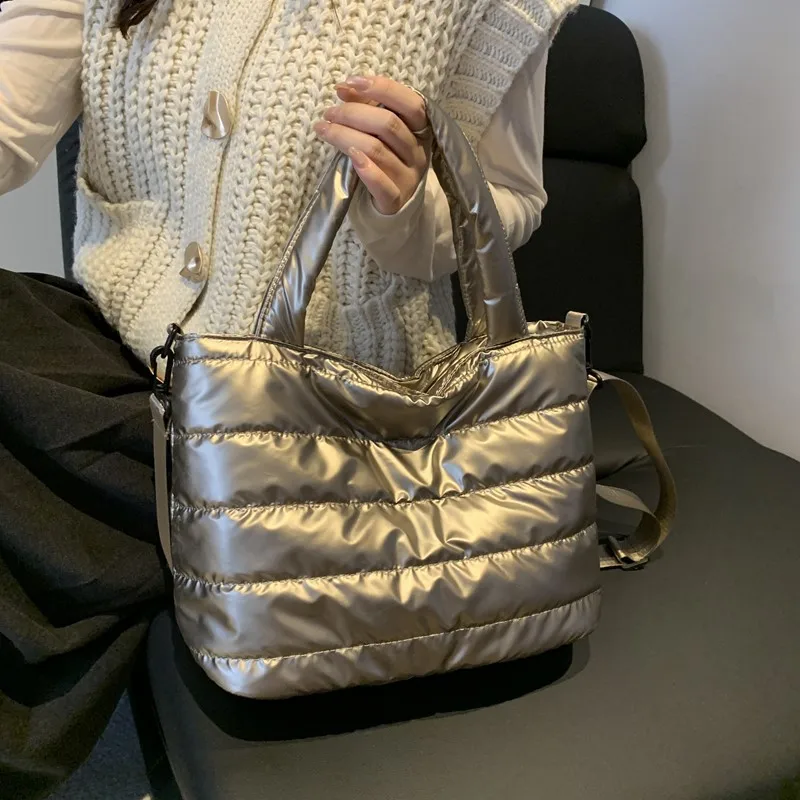 Puffer Quilted Crossbody Tote Bag Adjustable Wide Shoulder Strap Large Capacity Satin Down Women Handbag Shoulder Bag Daily Use view 3