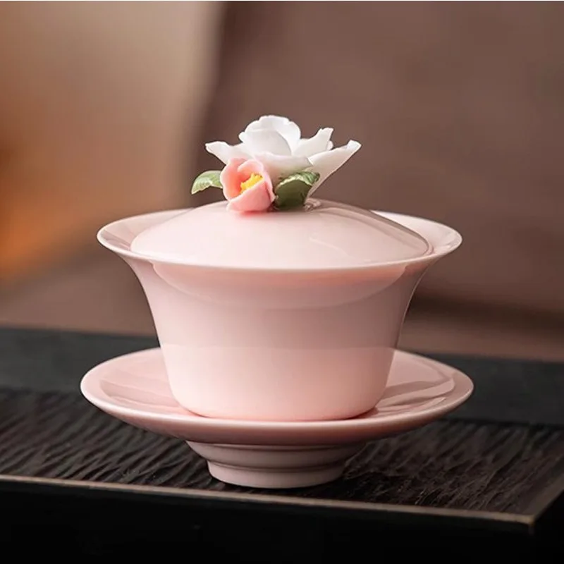 Damen schwebende Drei-Talent-Teeschale mit Deckel, nicht heiß zum Berühren, rosa Set, handgefertigte Kung-Fu-Teetasse aus Keramik, Becher mit einem Deckel
