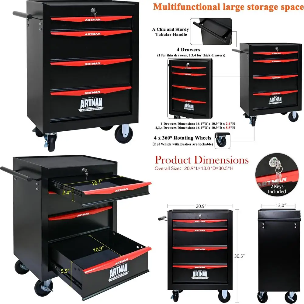 4 Drawers Tool Cart on Wheels, Multifunctional Rolling Tool Storage Chest, Drawers Rolling Trolley Organizer Tool Box for Wareho