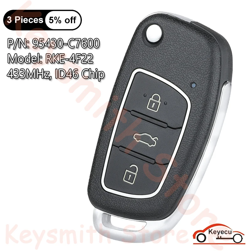 

KEYECU 3 Btns 433MHz ID46 Chip for Hyundai i20 2010 2011 2012 2013 2014 2015 2016 Auto Upgraded Flip Remote Key Fob 95430-C7600