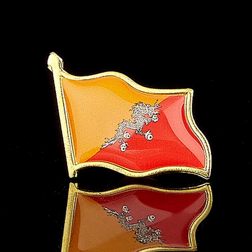 The Kingdom of Bhutan Dragon Multicolor Metel 3D Waving Flag Lapel Pins Coloectible Clothes Brooch Decor