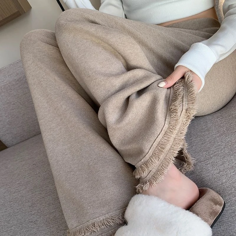 

Casual High Waist Knitted Straight Tassel Sweater Pants Women Autumn Winter Wide Leg Pants Female Loose Trousers Streetwear
