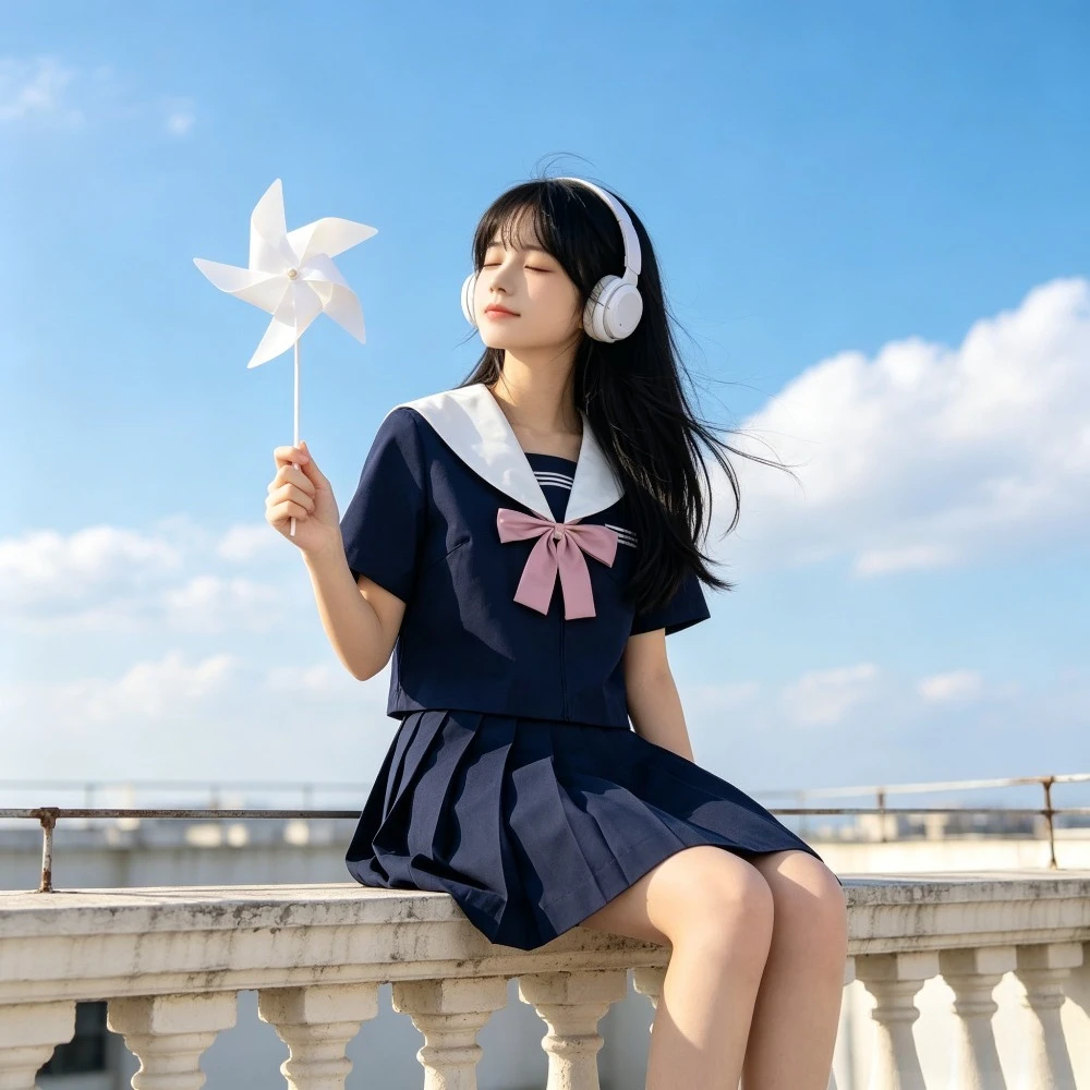 JK School Uniform White Collar Cyan Sailor Suit, Japanese College Sweet Middle Suit for Graduation Photo & Campus Daily Wear