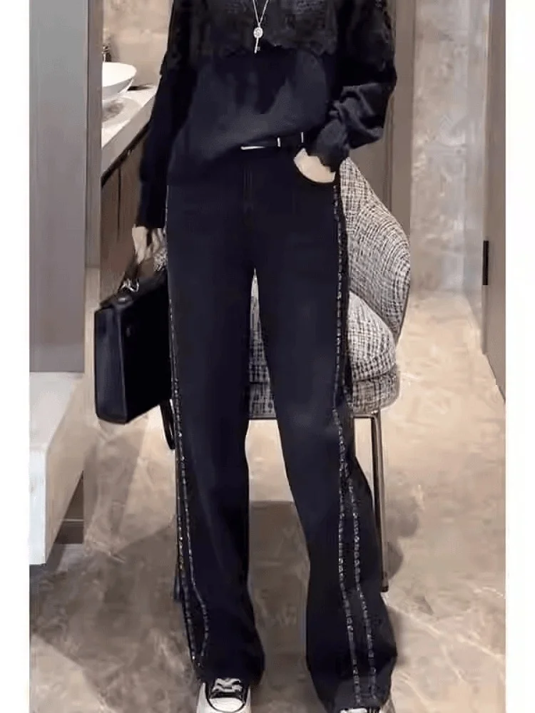 

Модные женские джинсы с высокой талией и прямыми штанинами, украшенные блестящими стразами, длинные брюки из смесового хлопка для осеннего сезона