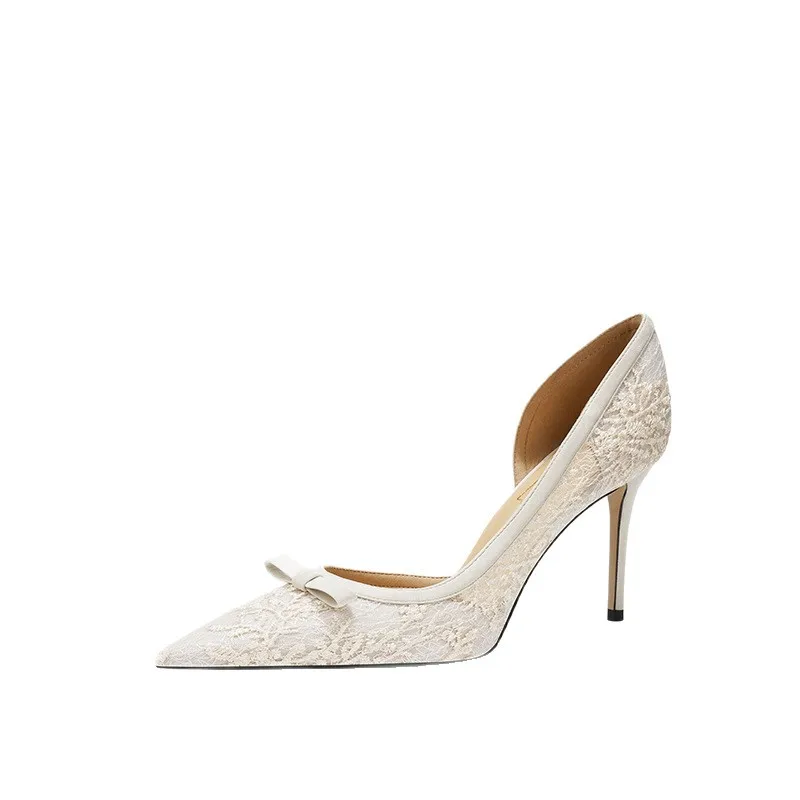 

B42 Royal Sister Сексуальные туфли на высоком каблуке с боковым пустым бантом и сетчатым острым носком на шпильке Женские туфли для невесты из основной пряжи Zapatos Para Mujer