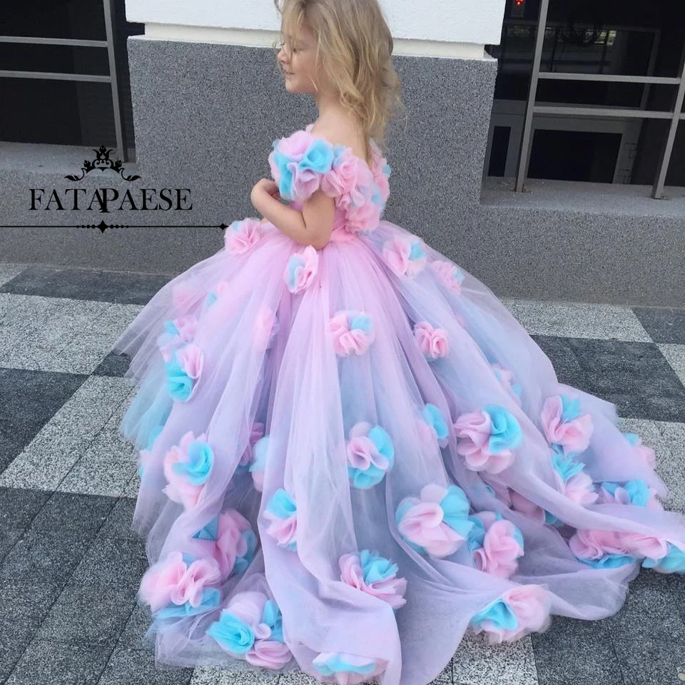 FATAPAESE Pink  Costume Unicorn Flower Girl Dress for Wedding Party Princess Brithday Outfit  Rainbow Toddler Child Clothing