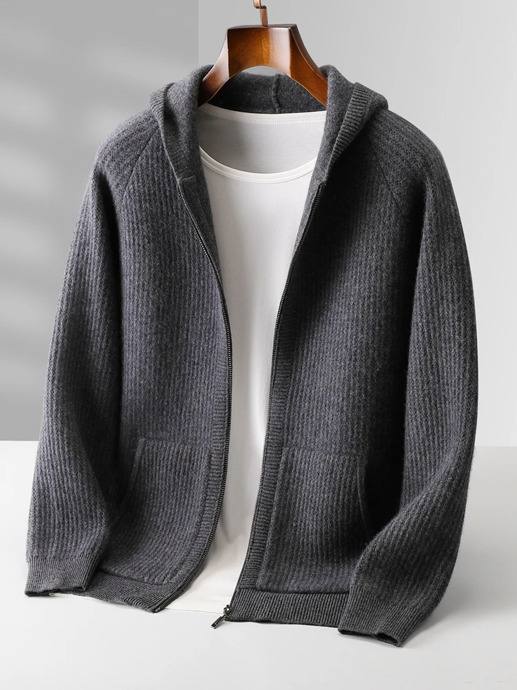 Daily Clothes Autumn Winter Sweater Men's Coat 100% Merino Wool Sweater Cardigan Knitted Jacket Thicked Hooded Outerwears Trend