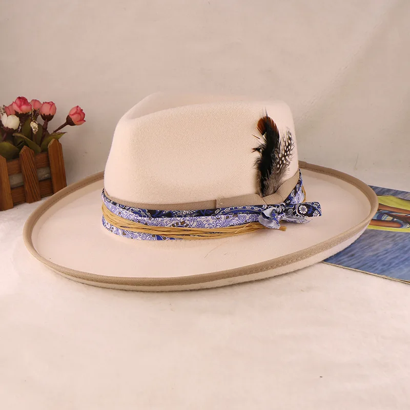 

New Tweed Fedora Hat with Feather & Rolled Brim, Two-Tone Wide Brim Cloche for Women, Wool Blend Fashion