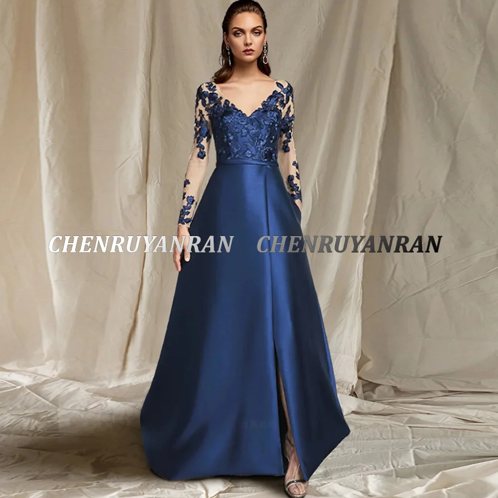 Navy Blue Mother of the Bride Dresses 2023 Lace Applique Satin Wedding Guest Gowns A-Line Elegant Dress Women For Wedding Party