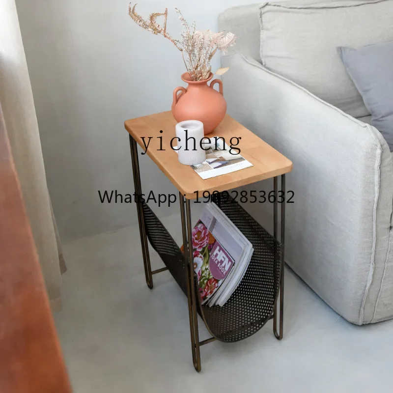 YFY  Wrought Iron Side Table Solid Wood Stand Table Magazine Rack Ins Style