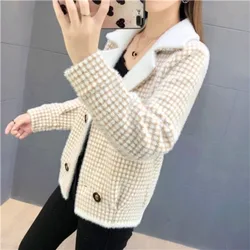 Autunno e inverno delle donne nuova moda elegante scollo a v Plaid Button Casual Versatile manica lunga allentato corto Cardigan lavorato a maglia cappotto