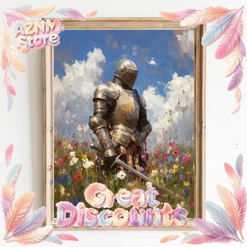 2026Dark Academia Medieval Knight in Wildflower Meadow Fantasy Sword Poster Canvas Painting Wall Art Pictures Home Decor