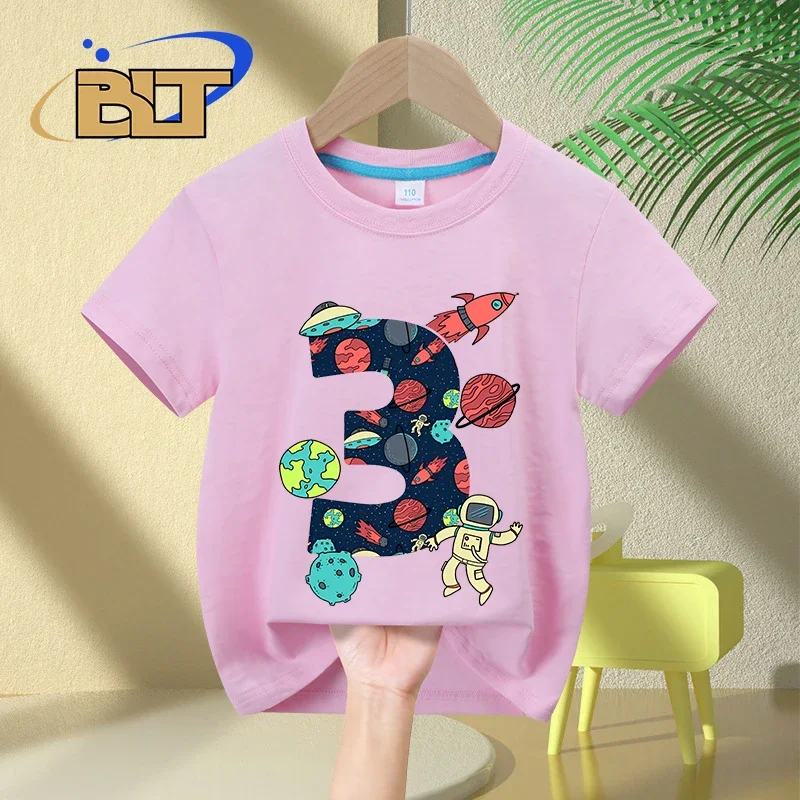 Camiseta de algodón de manga corta para niños de 3 años, regalo de cumpleaños, espacio y astronautas