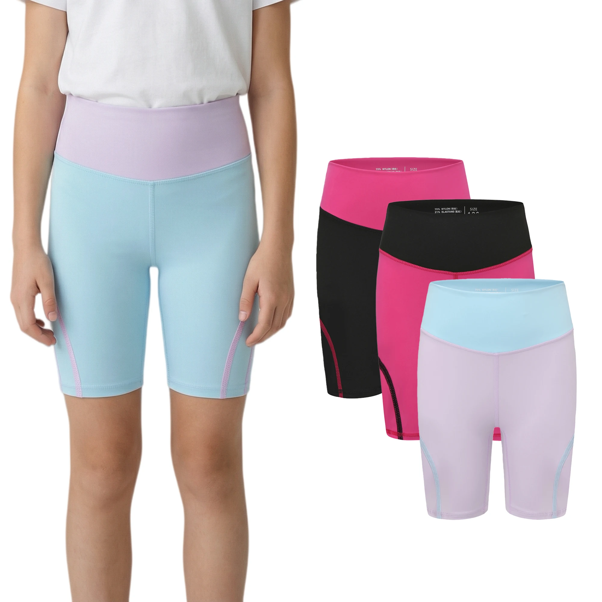 Girls' Color Block Cycling Shorts – High Waist Stretchy Bike Shorts for Running Sports 4-14Y