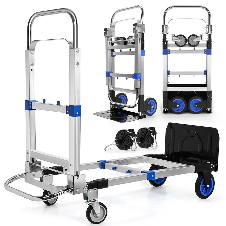 

3 in 1 Aluminum Folding Hand Truck, 600 lbs Convertible Heavy Duty Dolly Cart, Collapsible Hand Trucks with 4 Rubber Wheels and