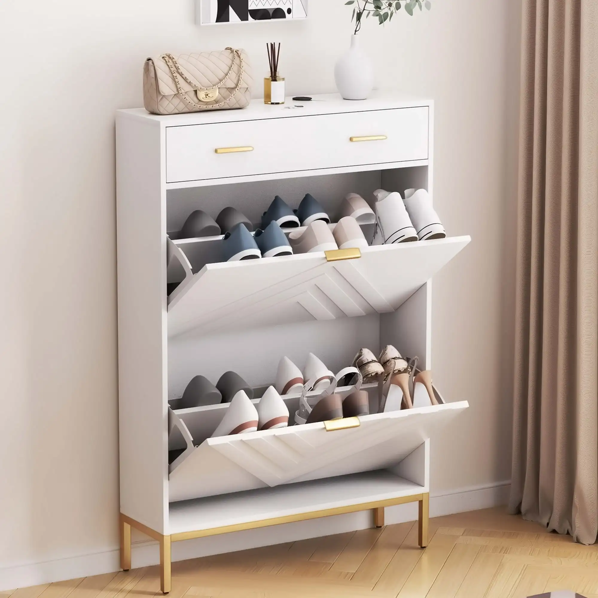 Shoe Cabinet with 2 Flip Drawers & 1 Top Drawers for Entryway, Freestanding Narrow Shoes Storage Rack, White