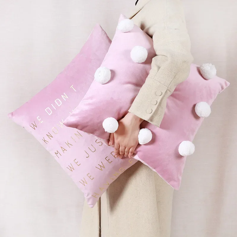 Pink Velvet Pillow Case Ins 3D Pattern Cute Fur Ball Sofa Pillow Korean Office Cushion Cover 45x45cm Princess Decoration