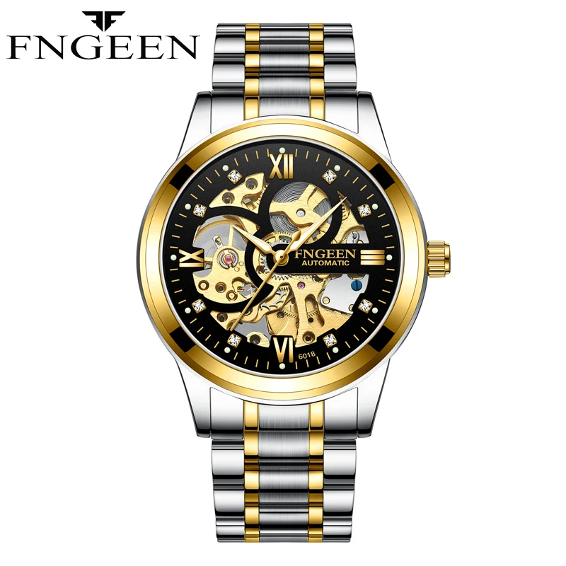 FNGEEN Gold Automatic Watch Men Stainless Steel Strap Skeleton Mechanical Watches Top Brand Luxury Luminous Pointer Watch 6018