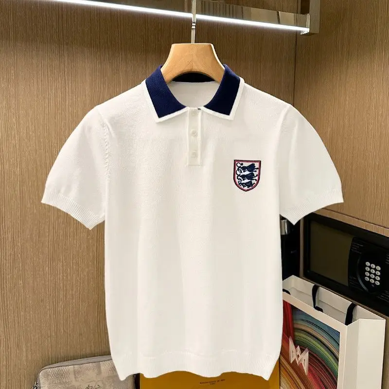 England School Style Summer Knitted Polo Shirts Short Sleeve Embroidered Turn-down Collar T-shirts Patchwork Tops