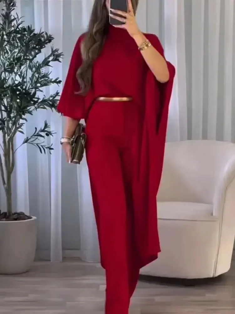 HH 2024 Female Summer Asymmetric Tops Resort Style Short Sleeves Cape Style Wild Round Neck Red Satin Loose Casual Tops