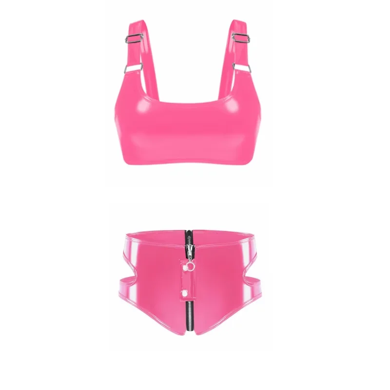 

Женский сексуальный комплект нижнего белья из кожи (черный, красный, розовый) с эффектом влажного шелка, бюстгальтер пуш-ап с драпировкой и трусики на молнии для клубной одежды