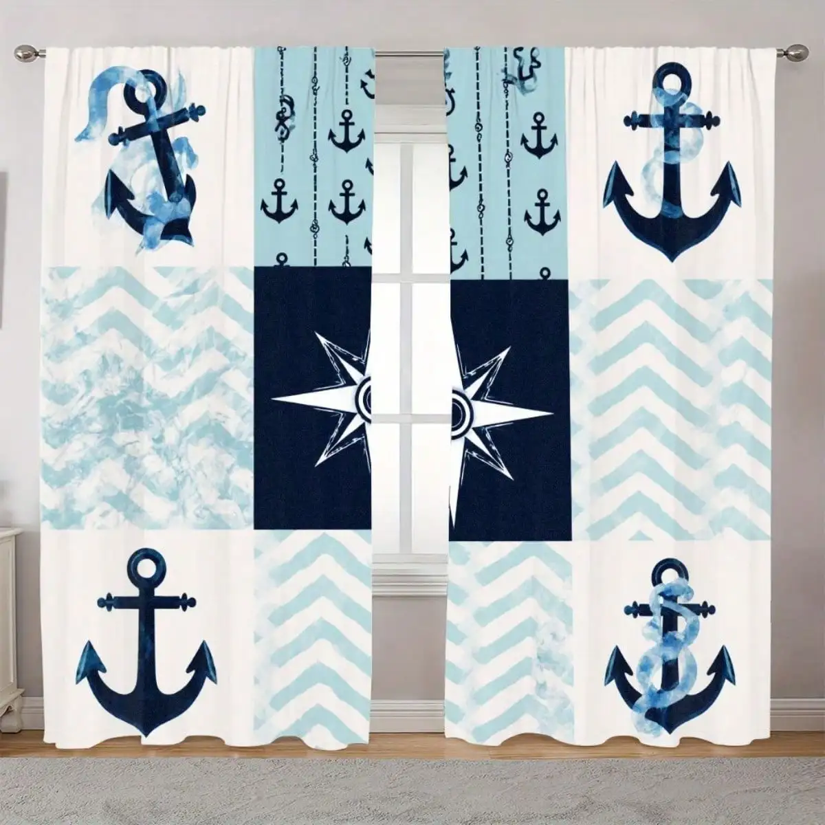 Nautical Curtain, Anchor and Compass Print Blackout Curtains, Coastal Marine Theme Drapes, Blue Ocean Decor, 2 Panels