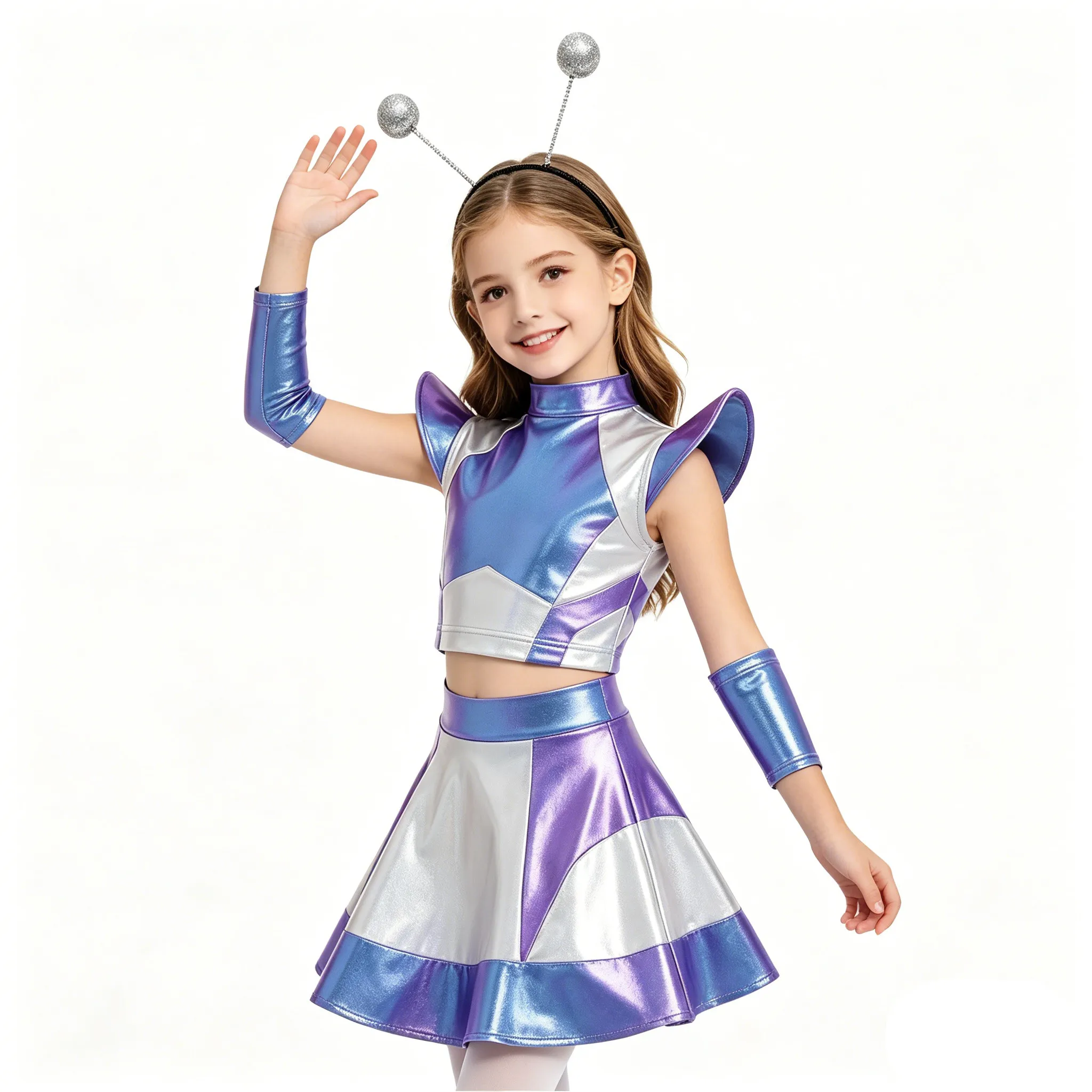 

Girls Alien Space Robot Astronaut Costume Metallic Jazz Dance Outfit Crop Top with Skirt Sleeves Hair Hoop for Halloween Party